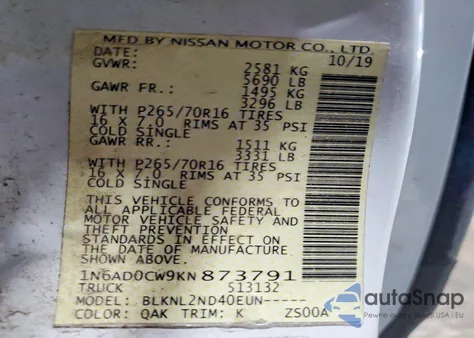 2019 Nissan Frontier Sv z USA, uszkodzony, nr VIN 1N6AD0CW9KN873791